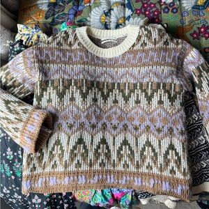 Anthropologie Cream, Olive & Lavender Fair Isle Crewneck Sweater